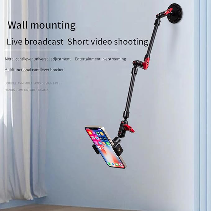 Wall Mounted Phone Holder Magic Arm 360° Rotation Adjustable Metal Base Screw in Wall Sturdy for Kitchen Bedroom Home 32 Inch ABS Phone Clip