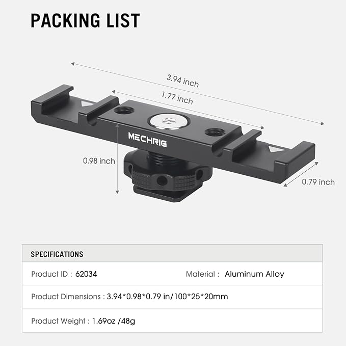 Mechrig Dual Cold Shoe Extension Bar Mount, Aluminum Dual Hot Shoe Mount Bracket with 1/4" Thread & Cable Slot, Cold Shoe Bracket for DSLR Camera LED Video Light Microphone Monitor (62034)