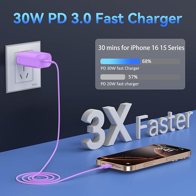 Phone 17 16 15 Charger Fast Charging,30W USB C Phone 17 16 15 Pro Max Charger Block &10FT Long Type C Cable Cord for i.Phone 17/17 Air/17 Pro/17 Pro Max/16/16 Plus/16 Pro Max/15/15 Pro Max,Purple