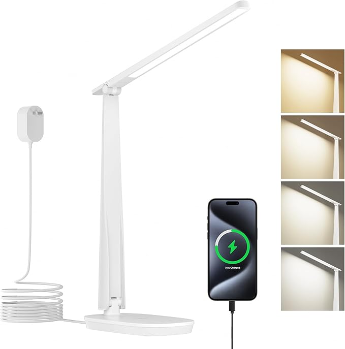 Honeywell LED Desk Lamp for Home Office, Eye-Caring Dimmable Reading Light with 4 Color Modes, Touch Control, USB-A & USB-C Charging Ports, Adjustable Head, Timer for Bedroom & Small Desks