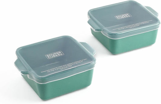 Souper Cubes Stoneware Baking Dishes - Premium Mini Ceramic with Silicone Covers, Set of 2 | 5" x 5" - Kale