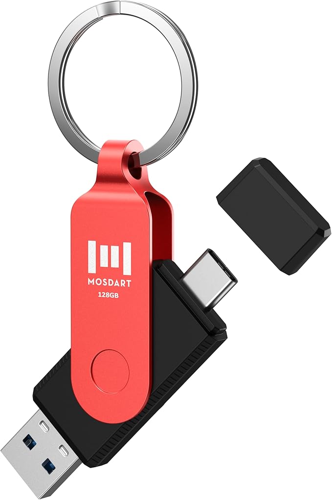 MOSDART 128GB USB C 3.2 Fast Speed C and A Dual Flash Drive, exFAT Memory Stick with Keychain and LED Indicator, for iPhone 15,16,17, Android Phone, iPad, MacBook, and Other Laptops, Red