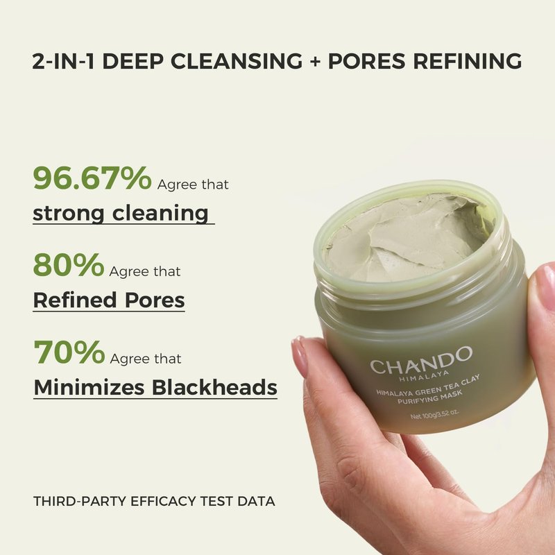 CHANDO HIMALAYA Purifying Green Tea Mask(2Pack), Natural Facial Clay Mask Deep Pore Cleansing with Green Tea Extract and Portulaca Extract, for Clogged Pores, Detoxifies & Balance Oil, 7 fl.oz