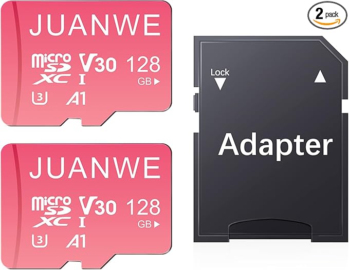 JUANWE 128GB Micro SD Card 2 Pack 128GB TF Card with Adapter, microSDXC Memory Card for Camera, Drone, U3, A1, V30, 4K UHD, UHS-I, SD Card