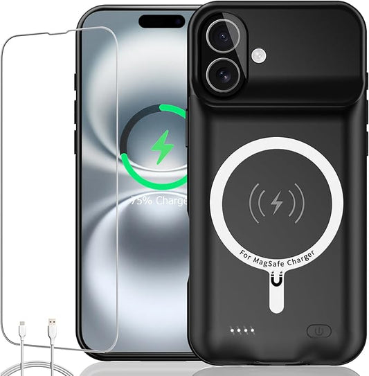 Battery Case iPhone 16 Plus, Upgraded 12000mAh Rechargeable Portable Extended Battery Pack Supported Qi Wireless Charging Case Compatible with iPhone 16 Plus (6.7 inch) Charger Case Power Bank (Black)