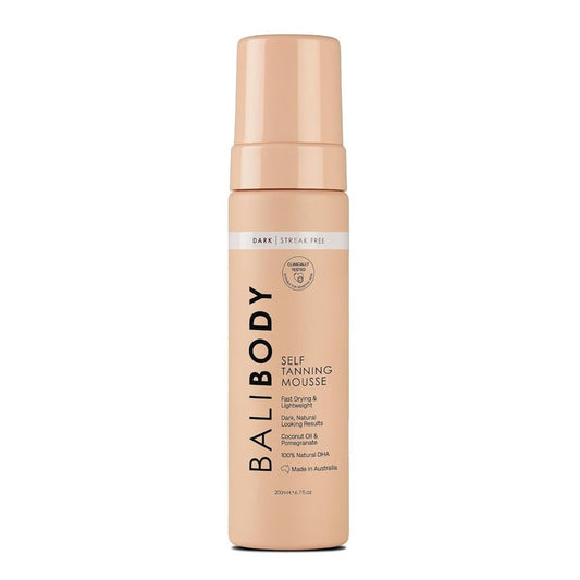 Bali Body Self Tanner Mousse Dark - Streak-Free Sunless Tanning Foam | Vegan & Organic Formula for All Skin Types (200ml/6.7 fl oz)