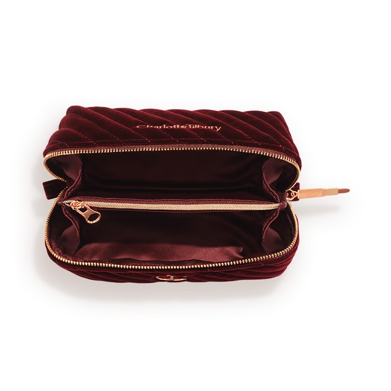 Charlotte Tilbury Mini Travel Makeup Bag of My Dreams - Quilted Velvet Skincare, Fragrance & Cosmetic Organizer with 2 Compartments & Zip Pocket - Iconic Night Crimson Toiletry Bag