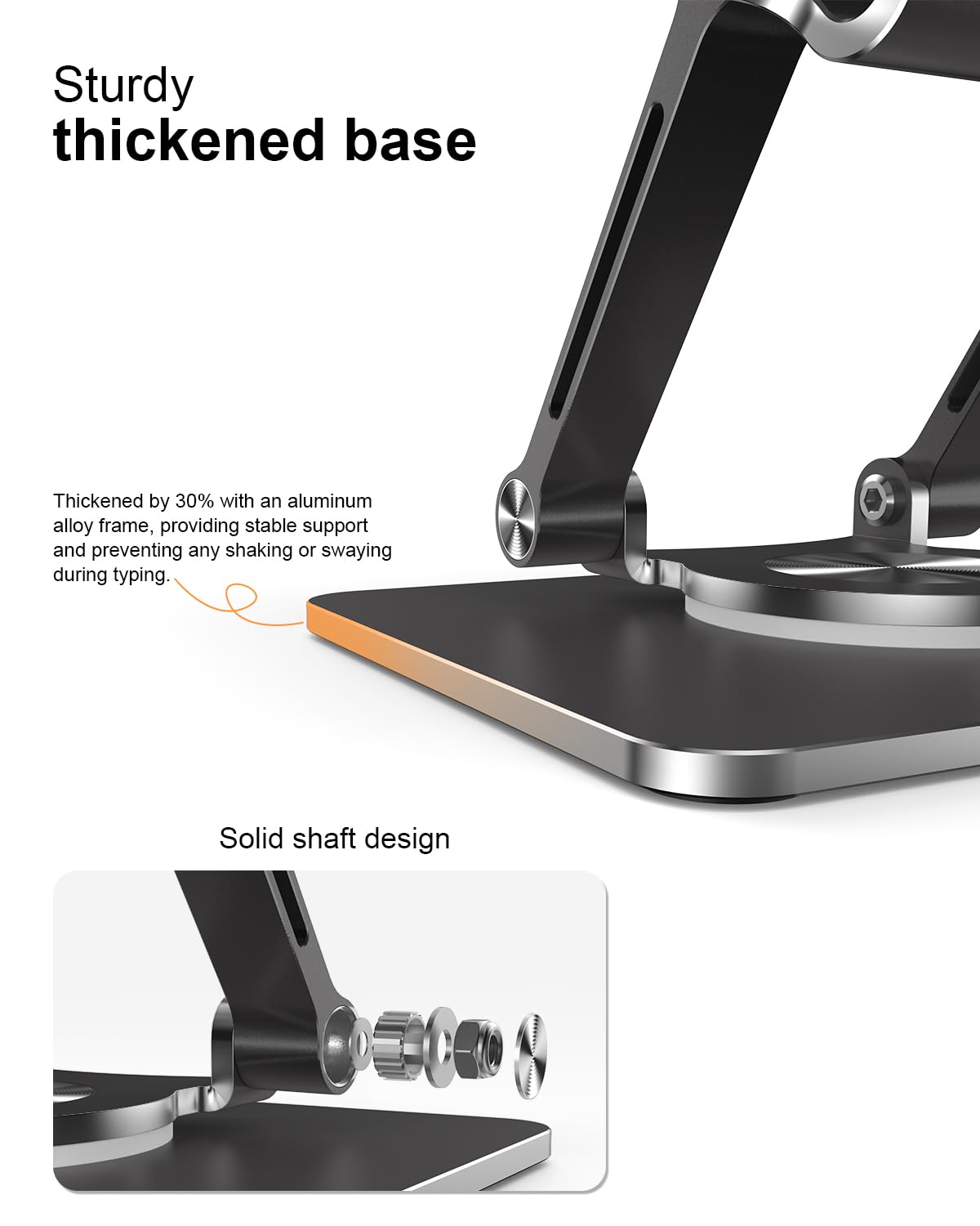 Orlian Tablet Stand Holder with Thickened 360°Rotating Base Dual Rod Adjustable Aluminum Stand for All 5.8-12.9” iPad Samsung Phone Tablet Kindle E-Reader and More, Black