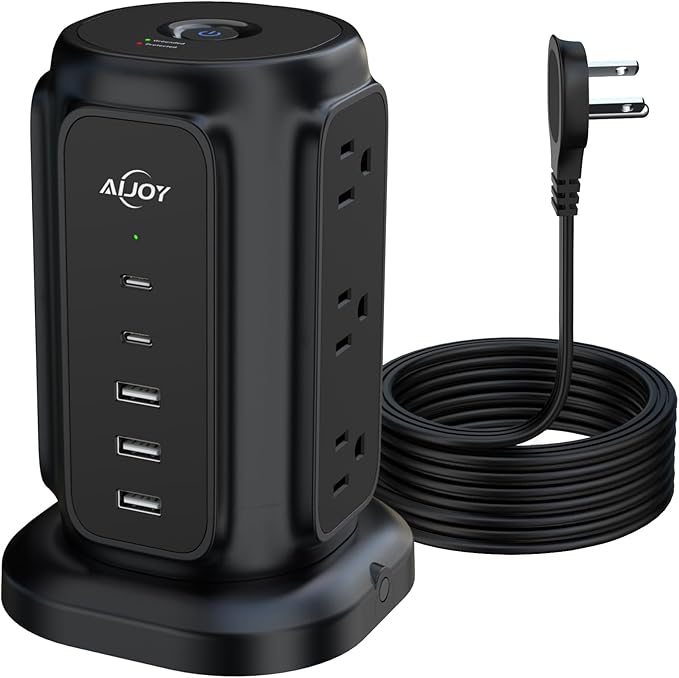 AiJoy Flat Plug Power Strip Tower with 9 AC Outlets and 5 USB Ports