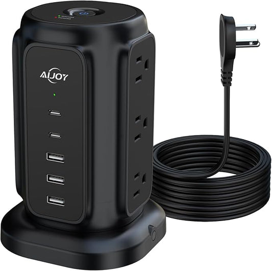 AiJoy Flat Plug Power Strip Tower with 9 AC Outlets and 5 USB Ports
