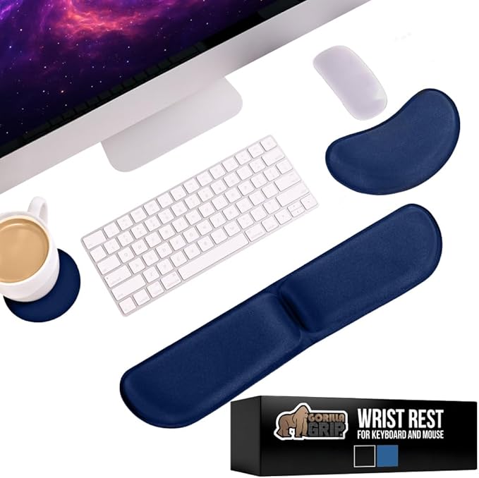GORILLA GRIP Silky Memory Foam Keyboard Wrist Rest for Computer and Mouse, Ergonomic Typing Support Pad, Desk Office Supplies, Gaming Accessories, Hand & Arm Mousepad Cushion and Coaster Set Navy Blue