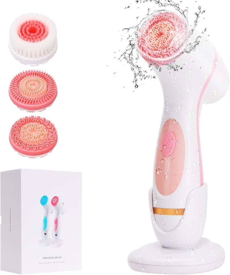 Electric Facial Cleansing Brush - 3-in-1 Waterproof Scrubber with 3 Brush Heads for All Skin Types | Rechargeable Pink