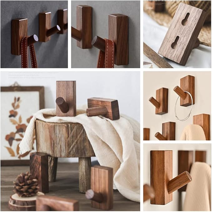 HomeDo Wall Hooks Hat Rack, Wooden Coat Hooks Wall Mounted, Decorative Hooks Single Organizer Hat Hanger Towel Rack, Heavy Duty Hooks (Rectangle-Walunt,8Pack)