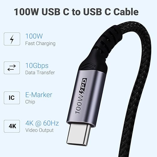 SUMPK 100W Short USB C Cable 3.1 Right Angle [1.5FT 2 Packs], 5A Fast Charging, 10GBbps High Speed Data E-Marker Chip Cords, 4K@60Hz Video Display