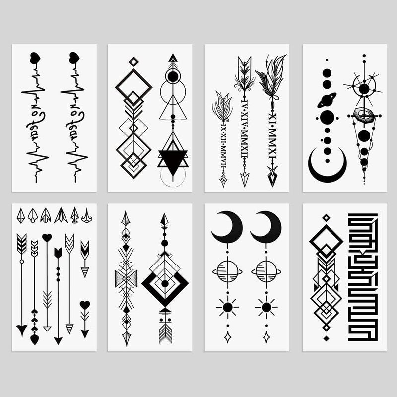 Oottati 8 Sheets Geometric Temporary Tattoos for Adults Men Women, Tribal Arrow Feather Moon Fake Tattoo Stickers, Waterproof Long Lasting Body Art for Arm Wrist