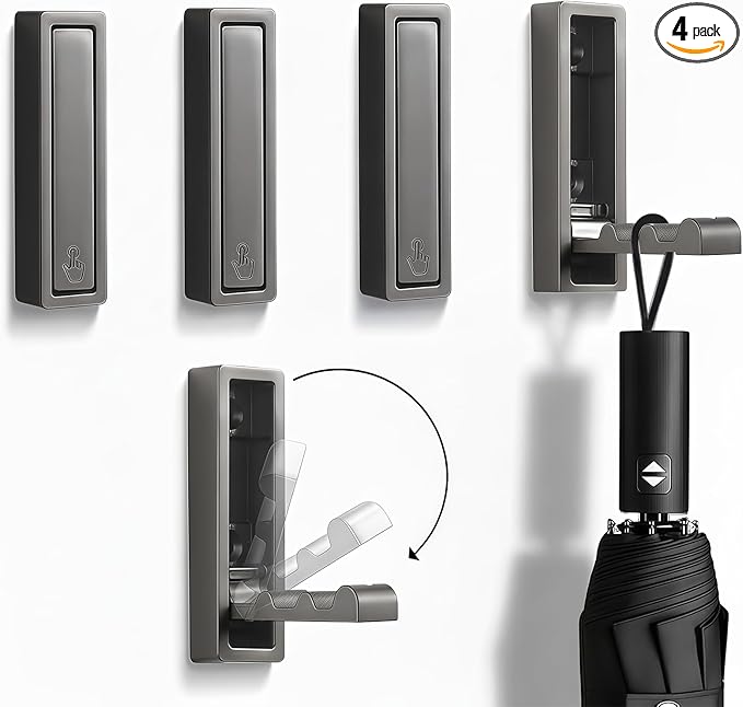 WVSXE Folding Wall Hooks,4 Pack Rustproof Zinc Alloy Folding Coat Hooks,Heavy Duty Foldable Gold Wall Hooks for Hanging Clothes,Hat,Towel,Bathrobe,Key,Bag,Backpack (Gray)