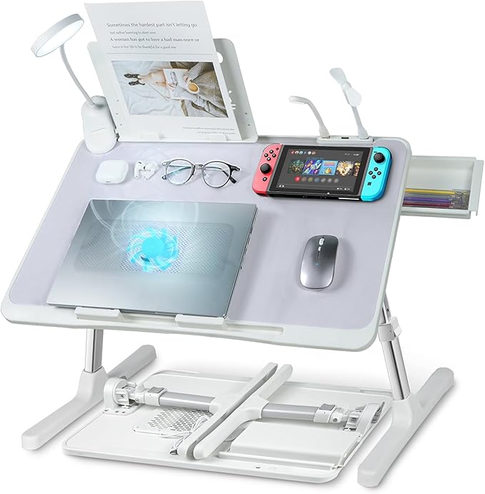 iXTRA Laptop Lap Desk with Cooling Fan - Adjustable with Light, USB, Storage Drawer - Folding Bed Desk,23.62"*15.74",Grey