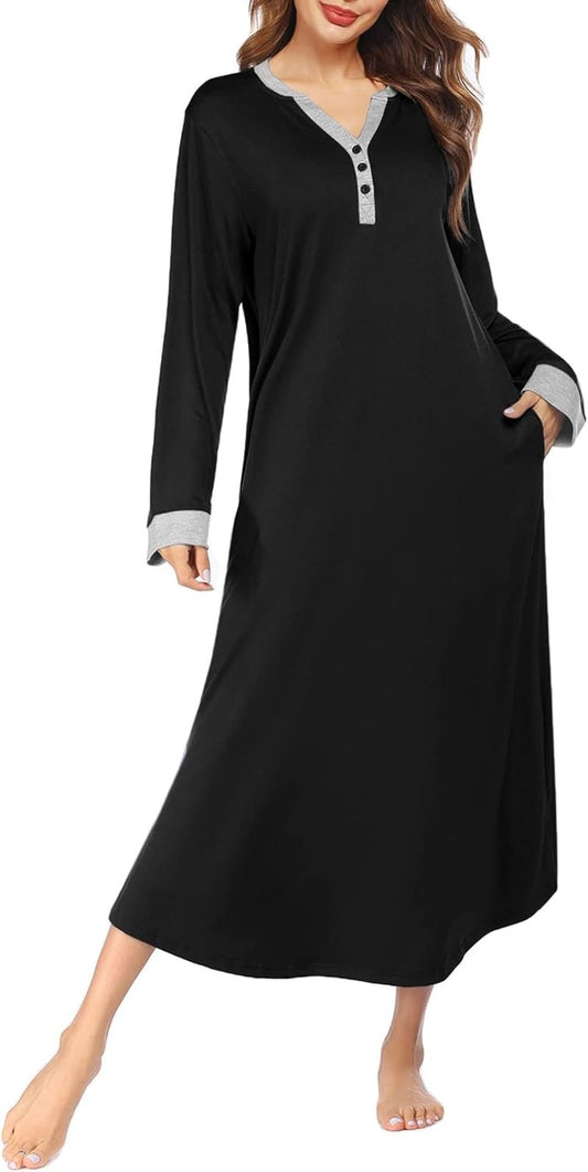 Ekouaer Women's V Neck Nightgown - Long Loungewear Sleepshirt with Pockets | Full Length Sleepwear