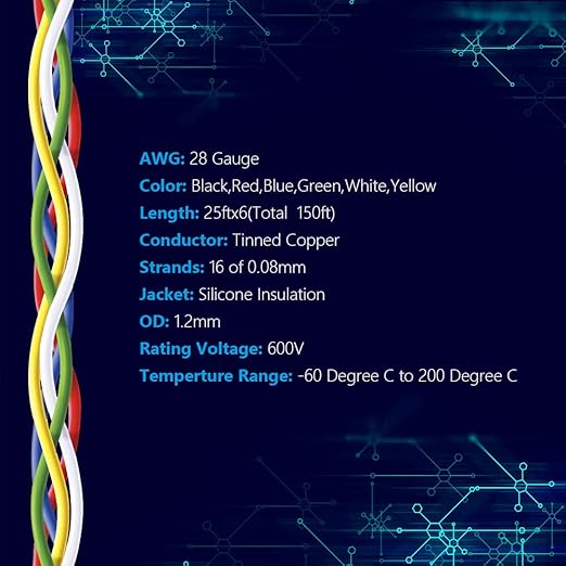 Fermerry 28 AWG Stranded Wire Spool 25ft Each 6 Colors Flexible 28 Gauge Silicone Hook up Wire Kit Electrical Tinned Copper Wire
