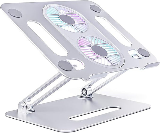 Eiyikof Adjustable Laptop Stand Laptop Cooling Pad with Fan USB Hub Compatible with 10 to 15 Inches Notebook Computer, Ergonomic Computer Riser for Desk, Aluminum Alloy Laptop Radiator-Silver