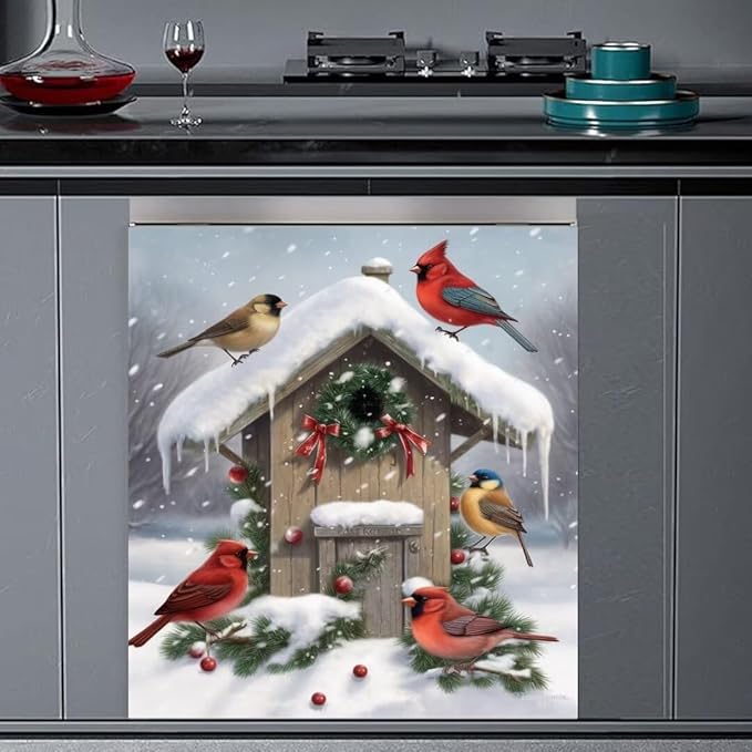 Winter Birds Dishwasher Cover Skin Panel Decal Christmas Decorated Birdhouse Fridge Door Cover Winter Snow Scene Vinyl Sticker for Dishwasher, 23 in x26 in Ordinary