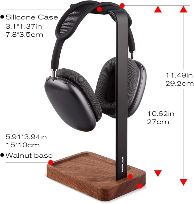 PHERKORM Walnut Wood & Aluminum Headset Holder, Desktop Headphone Stand, Universal headphone holder for most music gaming headsets - Black Walnut