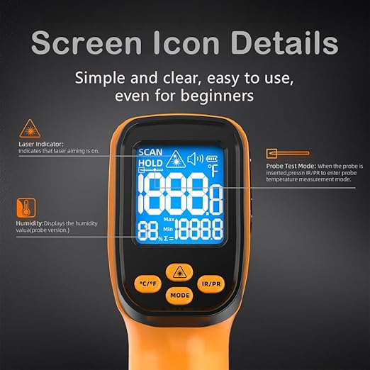 MOONASCEND Infrared Thermometer Gun for Cooking, Non Contact Thermometers Laser Temperature Guns with K-Type Probe, 12:1 Dual-Mode Temp Gun (-58°F to 1472°F), Pizza Oven, BBQ, Home Repairs, HVAC