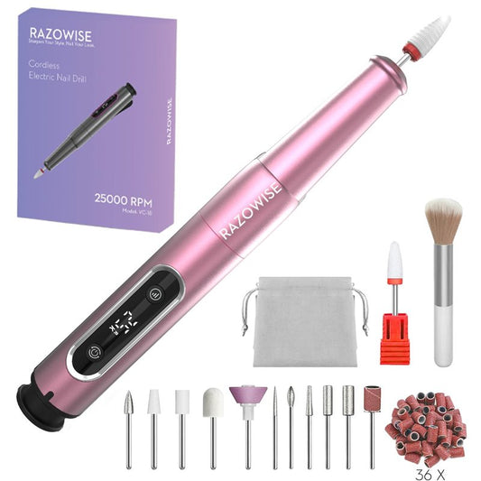 RAZOWISE Portable Electric Nail Drill File 5 Speeds 12 in 1 with LED Display Rechargeable Professional Efile for Natural Acrylic Gel Powder Manicure Pedicure Nails, Pink