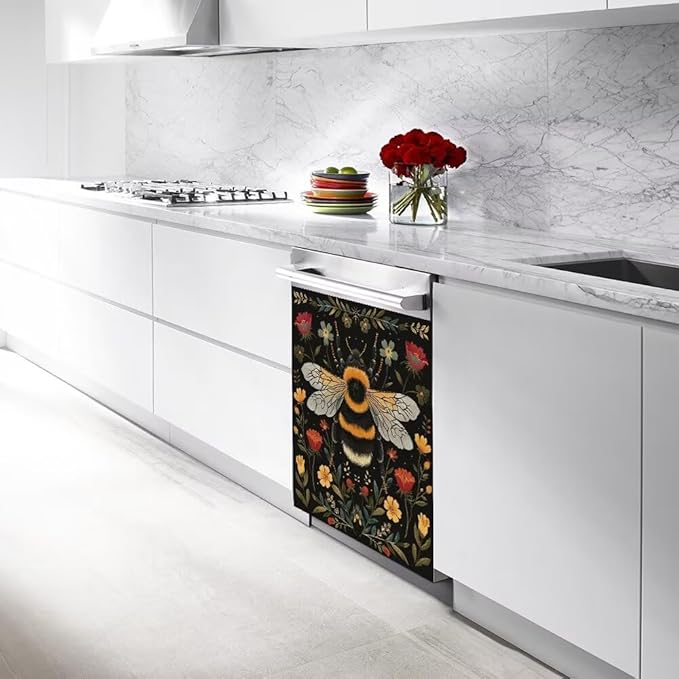 Flower and Bee Painting Dishwasher Magnetic Cover Sticker Magnetic Refrigerator Full Door Cover Sticker Kitchen Decor Panel Decal 23W x 26H inchs