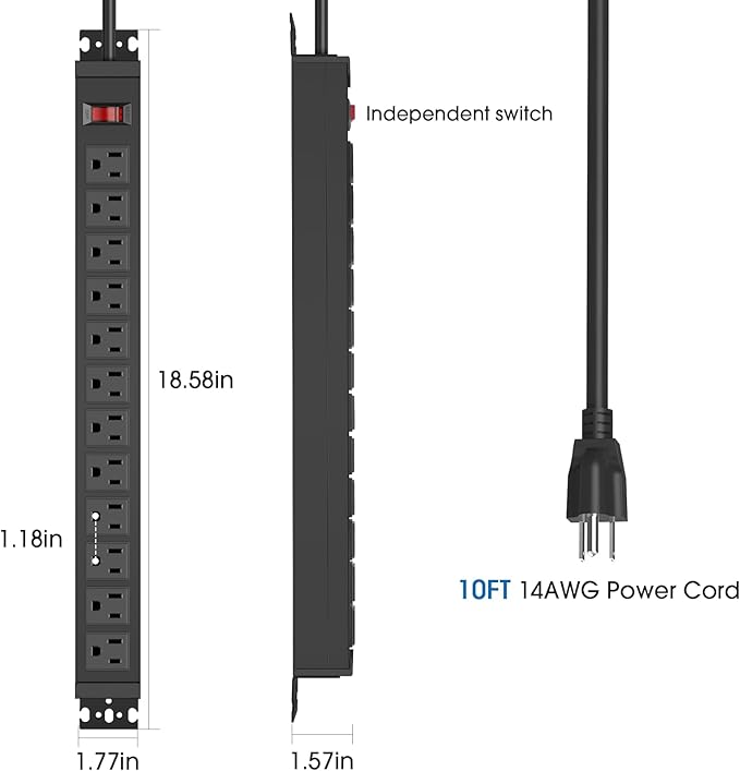 HHSOET Rotating Mountable Power Strip, 12 Outlet Wall Mount Surge Protector, 1200J, Metal Heavy Duty and Versatile Outlet Strip, Stylish Appearance, Sturdy and Durable, 10ft Power Cord.(Black)