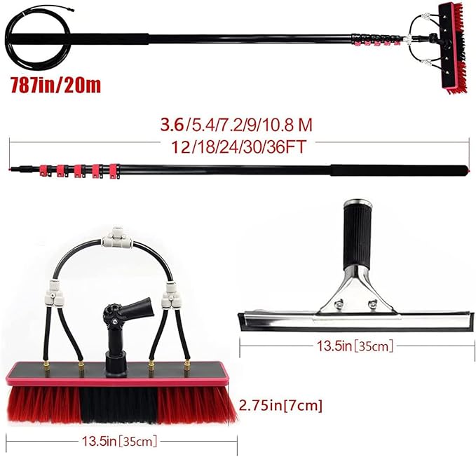 Telescopic Hydrocleaner Cleaning Brush, Multi-Purpose Water Spray Brush for Cleaning Window Solar Panels, 3.6m-10.8m Solar Panel Cleaning Equipment, Roof Cleaning Tools,7.2m