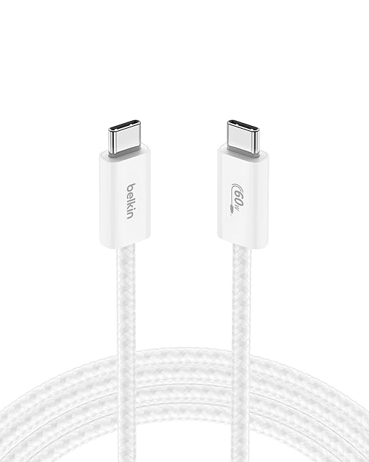 Belkin USB C to USB C Cable, 6.6ft, 60W - Type C Charger, iPhone Charger Cord, Soft, Braided, Flexible for iPhone 17, Galaxy S25, Pixel 10, Airpods, iPad Pro, Tablet & More, Travel Essentials - White