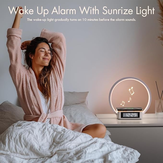 SMARTERIOR Wireless Charging Station with Alarm Clock,Bedside Lamp with Sunrise Wake-Up Light,Wireless Phone Charger,Touch Table Lamp with 3 Brightness Levels,Idea Gifts for Women,Men,Teens,Adults