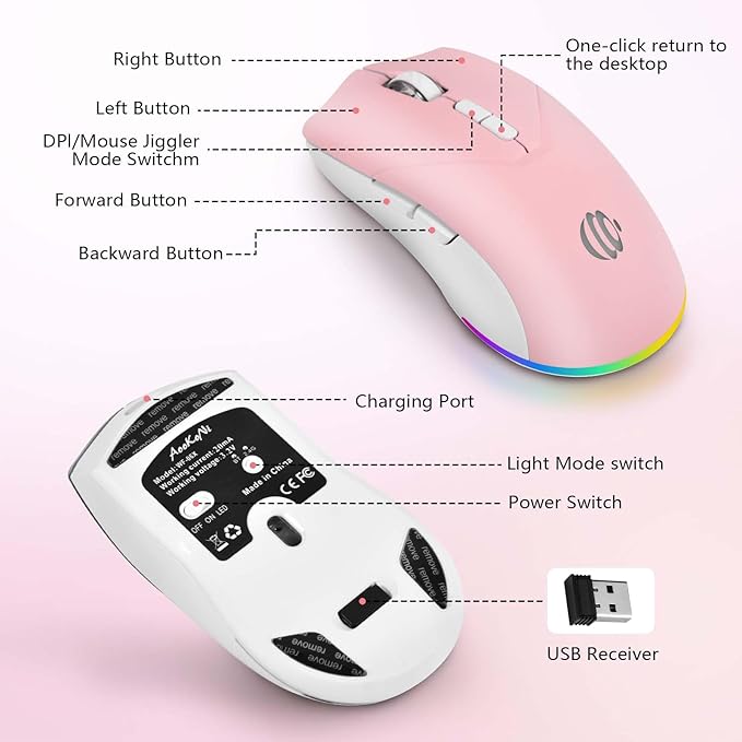 Wireless Bluetooth Mouse, Rechargeable Mouse, LED Silent Dual Mode(Bluetooth 5.2 and 2.4G) Wireless Mouse for Laptop, PC, Mac，ipad，Wide Compatibility– RGB, Ergonomic, Portable,3-Level 1600 DPI.