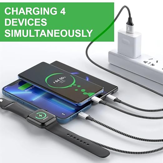 TOP-UP Multi Charging Cable for Apple Watch Charger (6FT) – 4 in 1 Braided Cord for Multiple Devices, USB C/Micro/Multi Charger Compatible with iWatch Series 11–1, iPhone 17/16/15/14, iPad