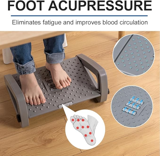 ZLMHYYM Foot Rest for Under Desk at Work - Six Heights Adjustable Under Desk Footrest - Ergonomic Foot Stools for Under Office Desks - Desks Foot Rest with Massage Rollers - Leg Rest for Chair (Gray)