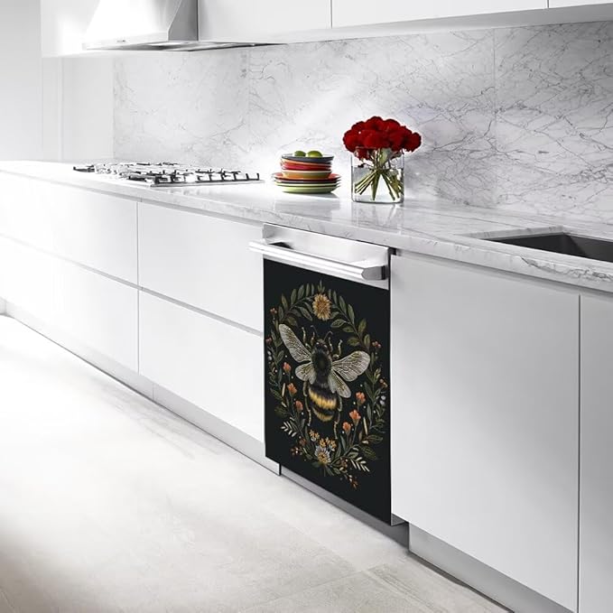 Flower and Bee Pattern Dishwasher Magnetic Cover Sticker Refrigerator Fridge Magnet Panel Decal Magnets Home Kitchen Fridge Front Door Cover 23W x 26H inchs