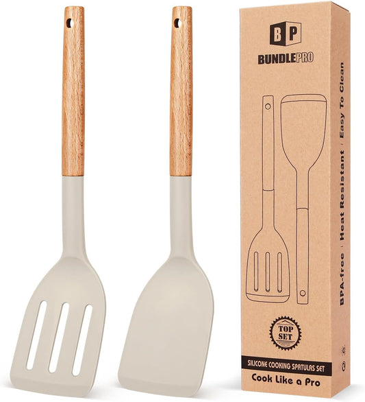 Skiennix Silicone Cooking Spatula Set - Heat Resistant Non-Stick Slotted Turner | 2-Pack with Wooden Handles