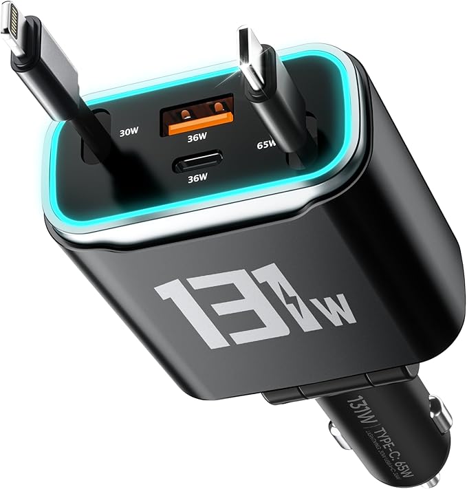 Retractable Fast Car Phone Charger Adapter 131W, Retractable Cables (31.5 inch) & 2 USB Ports for iPhone 16/15/14/13/12/11 Pro/Samsung