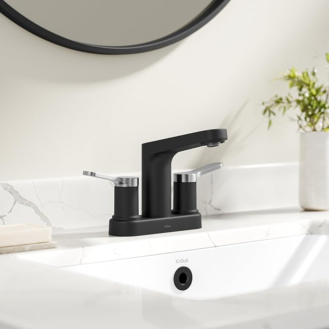 KRAUS Indy Centerset Bathroom Faucet in Spot-Free Brushed Nickel/Matte Black with 2 Handles, Pop Up Drain and Supply Lines, FUS-14102SFBNMB