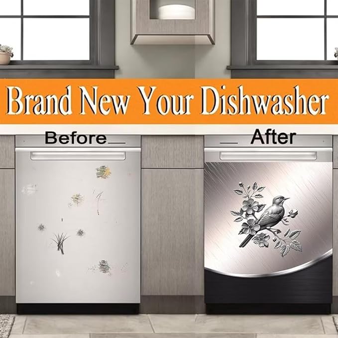 Dishwasher Covers Decorative Magnetic Sticker Sweet Home Fridge Magnetic Sticker,Stainless Steel Design Bird and Flower Pattern Refrigerator Magnets Kitchen Decor Magnetic Panel Decal 23W x 26H inchs