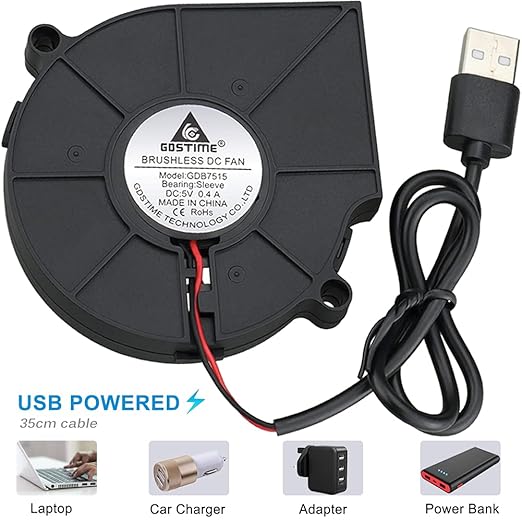 GDSTIME 75mm USB Blower Fan with 3 Speeds Control, 7515 5V DC Brushless Turbine Turbo Cooling Fan for Helmet Laptop 3D Printer Ventilaiton