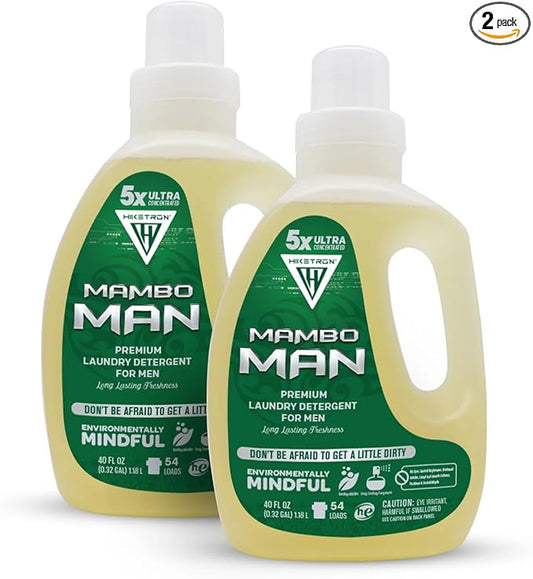 Hiketron Mambo Man Liquid Laundry Detergent, 5x Ultra Concentrated, Tough Stains Remover, Long Lasting Masculine Scent (80 Fl Oz, Pack of 2)