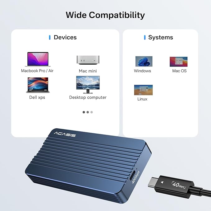 ACASIS 40Gbps M.2 NVMe SSD Enclosure for Thunderbolt 4/3/USB4, with Tool-Free Installation, Aluminum Heat Sink & Noiseless Design, Supports 2280-2230 SSDs for M1/M2 Pro/Max.