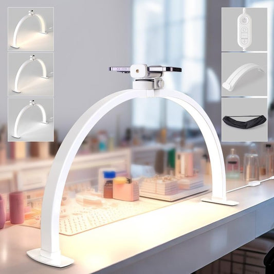 Lavinda Large Half Moon Light for Nail Desk, 29'' Nail Table Lamp with Phone Holder, 3000K-6000K Dimmable LED Desk Lamp with Wire Controller for Manicure DIY, Eyelash Extension, Skincare, Tattoo