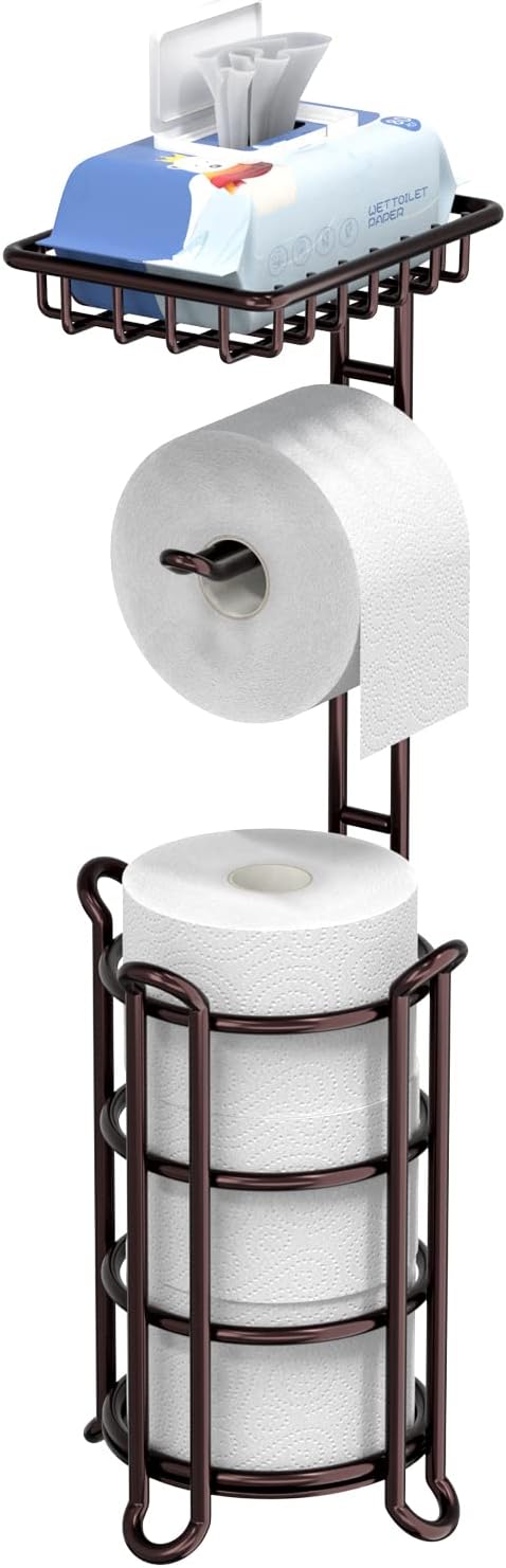 Regine Switzerland Toilet Paper Holder Stand - Stylish Tissue Roll Dispenser with Shelf for Mega Rolls - Bronze Finish