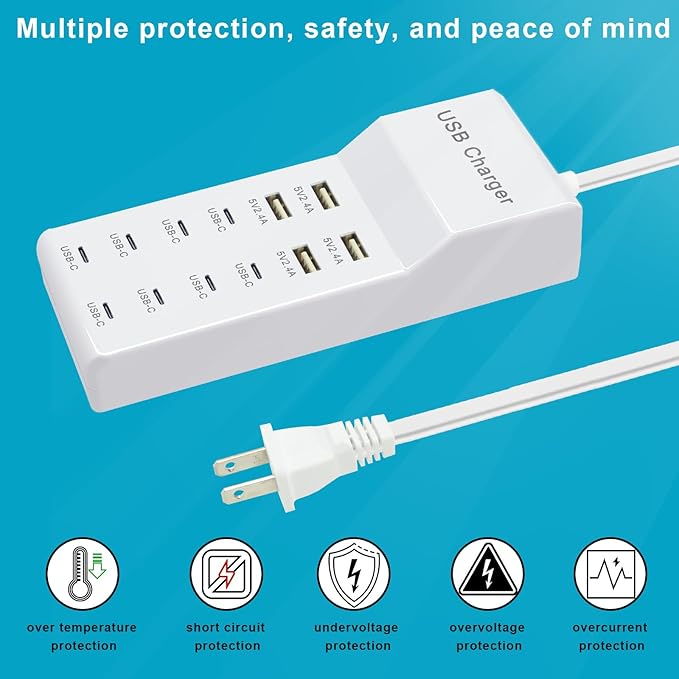 USB Charging Station - Fast Charger for iPhone 15/14, Samsung Galaxy, iPad and Tablets - Desktop Home USB Charger Hub with UL Certification and Safety Travel Protection White