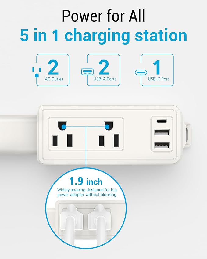 Outlet Extender Stick, 360° Rotatable Plug Expander with 2AC Outlets, 2USB-A, USB-C, 9"-36" Extendable Wall Plug for Hard-to-Reach Areas Behind Couch, Nightstands, Bed & Furniture, Dorm Essentials