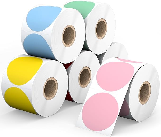 Printholic 6 Rolls 2" Color Circle Direct Thermal Stickers Labels, Self-Adhesive Round Thermal Labels Printer Stickers for Business, DIY, Code, Name Tag, Envelope Seal