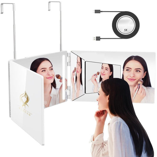 GLDDAO LED 3 Way Mirror to See Back of Head 360 Mirror for Women for Braiding Hair Telescoping Hooks Anti-Fog HD Glass Three Way for Self Hair Cutting Makeup Trifold